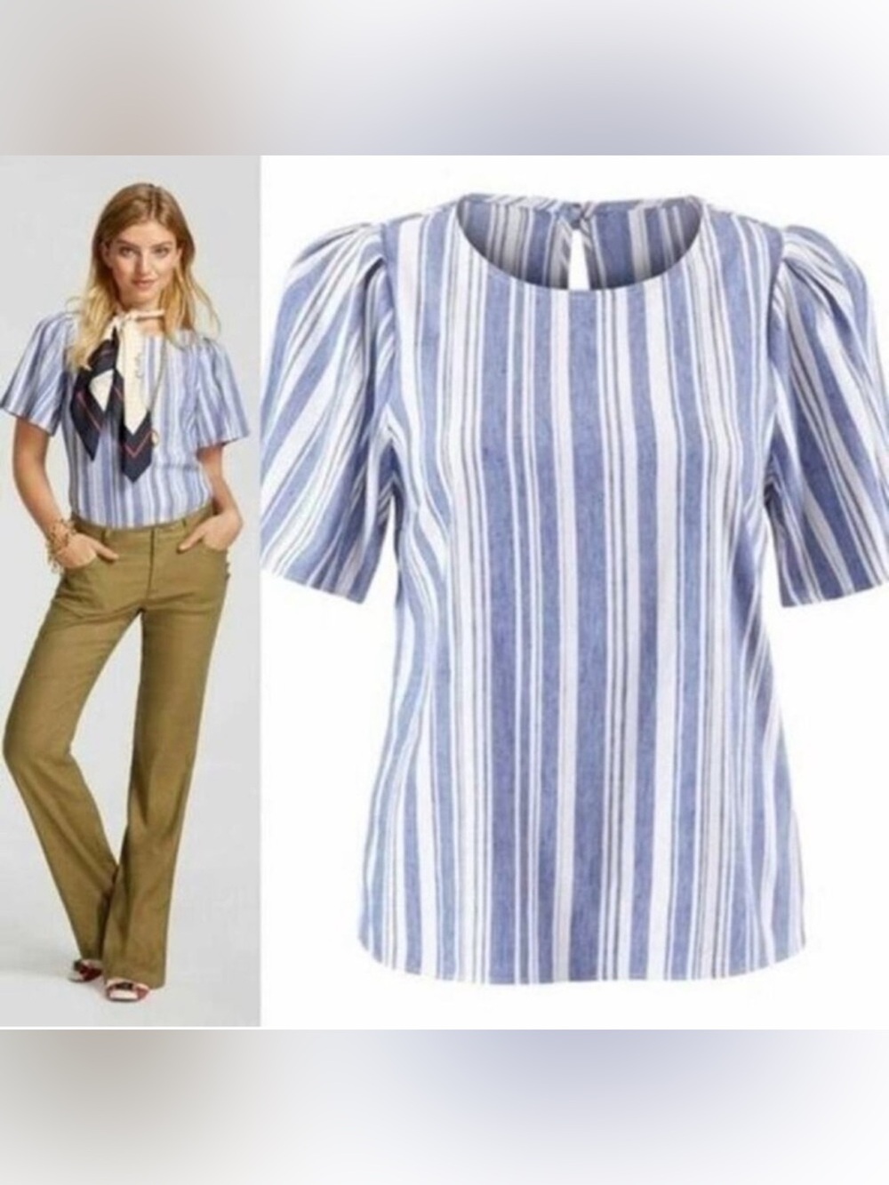 Cabi Wing Top Blue & White Striped Blouse Linen Blend Puff Sleeve Size Small